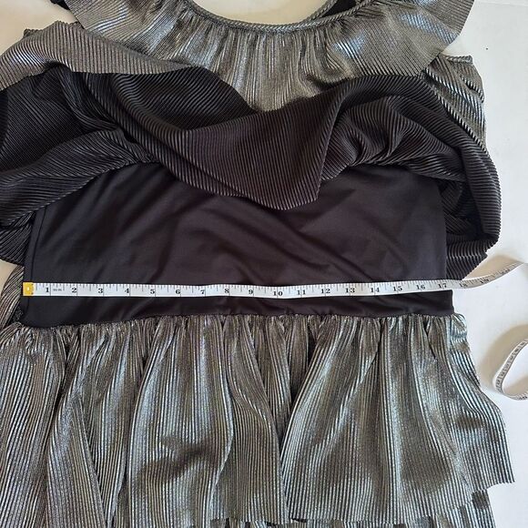 Michael Michael Kors Tiered Metallic Silver Ruffle Plisse Mini Dress Size L - Picture 8 of 13